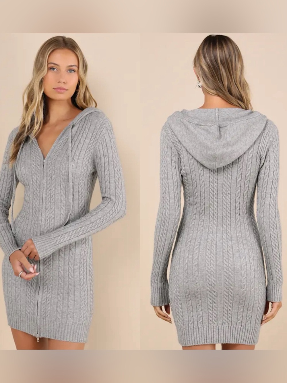 Lulus Cozy Aura Grey Cable Knit Zip-front Hooded Sweater Mini Dress - Size XS
